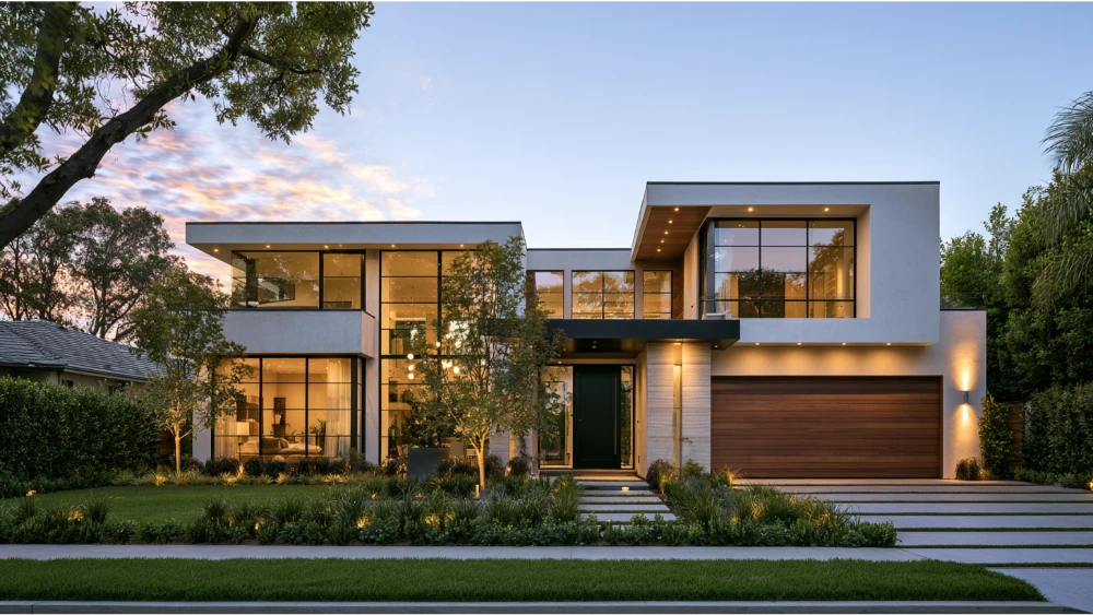 Modern home exterior with large picture windows enhancing architectural design and curb appeal