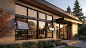 Modern home exterior featuring awning windows for ventilation and natural light