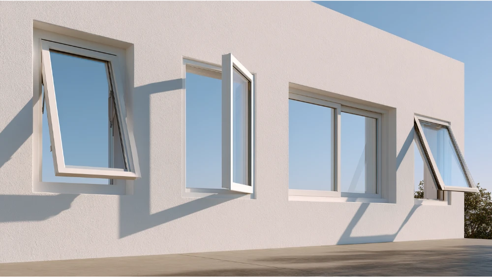Comparison of awning, casement, sliding, and hopper window styles in a modern home