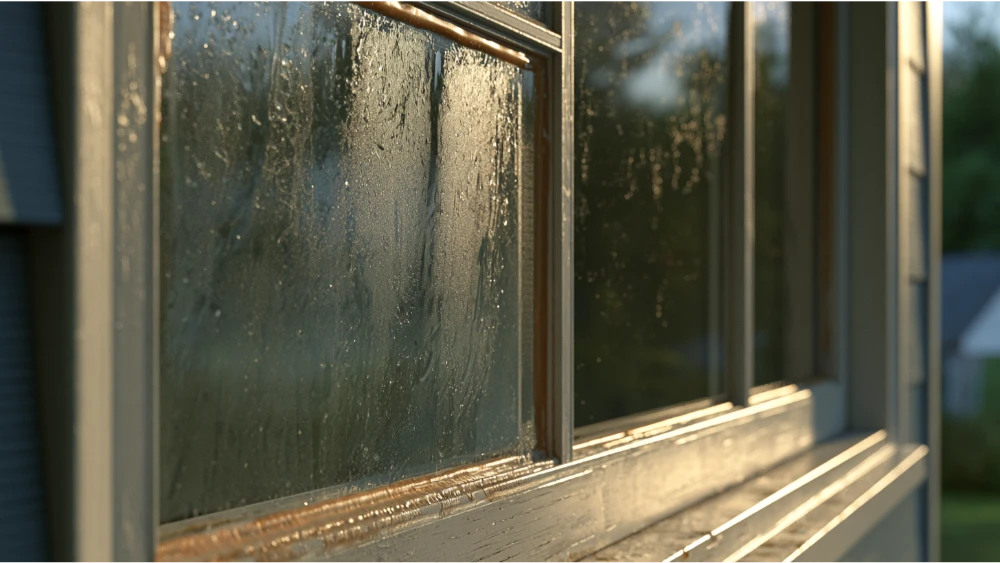 Aging double pane window showing fogging, moisture, weather exposure, and deteriorating seals around the frame