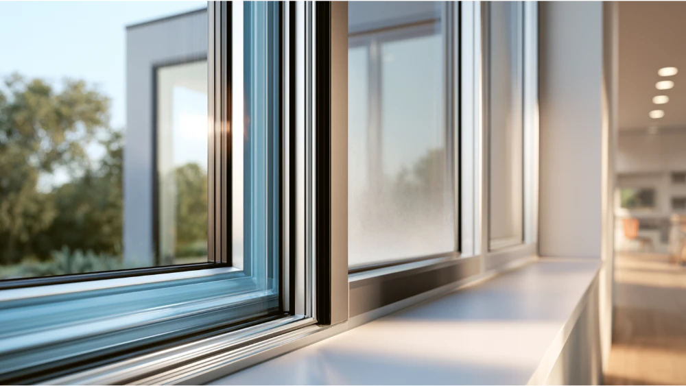 Cutaway view of a double pane insulated glass unit showing spacer, sealant, and insulating gas between the panes
