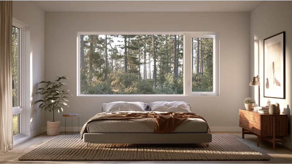 Picture window paired with operable windows for ventilation and emergency egress