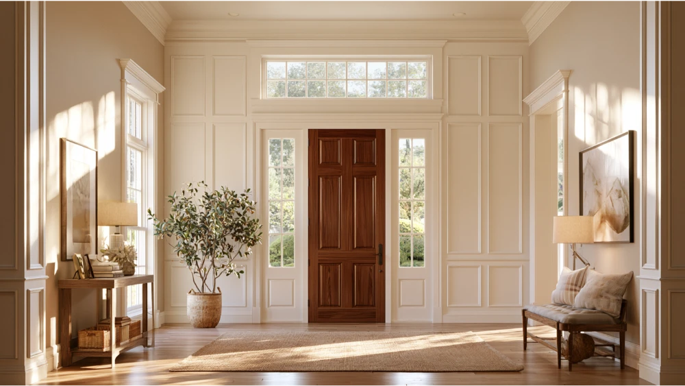 Bright home entryway with a transom window providing natural light and privacy above the front door