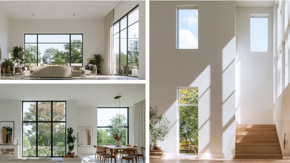 Picture windows providing natural light in a modern living room and home interior