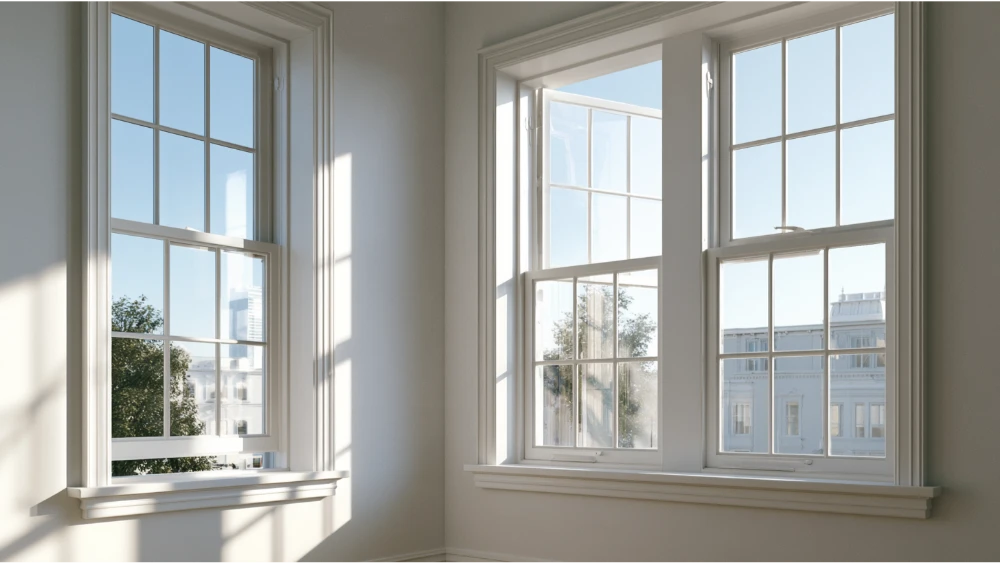 Side-by-side single hung and double hung windows showing different sash operation