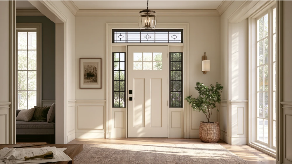 Modern transom window installation with design and material elements that influence project cost