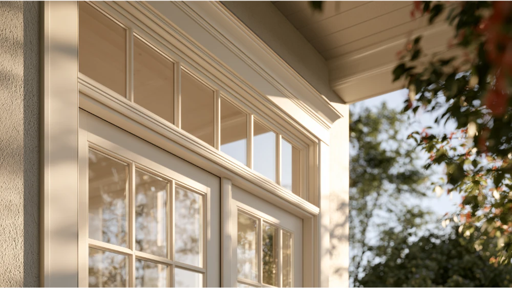 Professionally installed exterior transom window with proper flashing, safety glazing, and weatherproof installation details