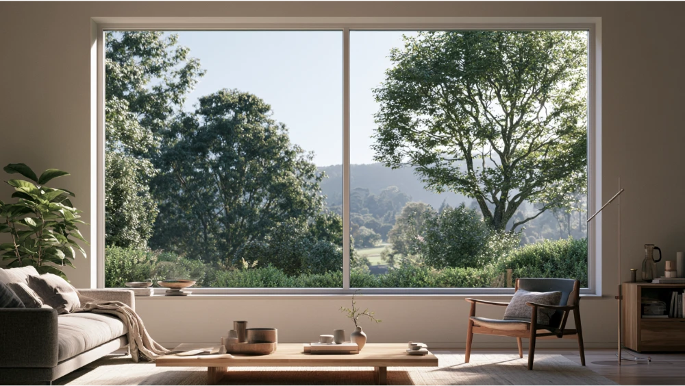 Large fixed picture window with slim frame and unobstructed outdoor view