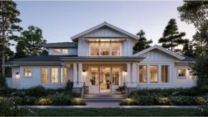 Exterior front door with a transom window above it adding natural light and architectural character