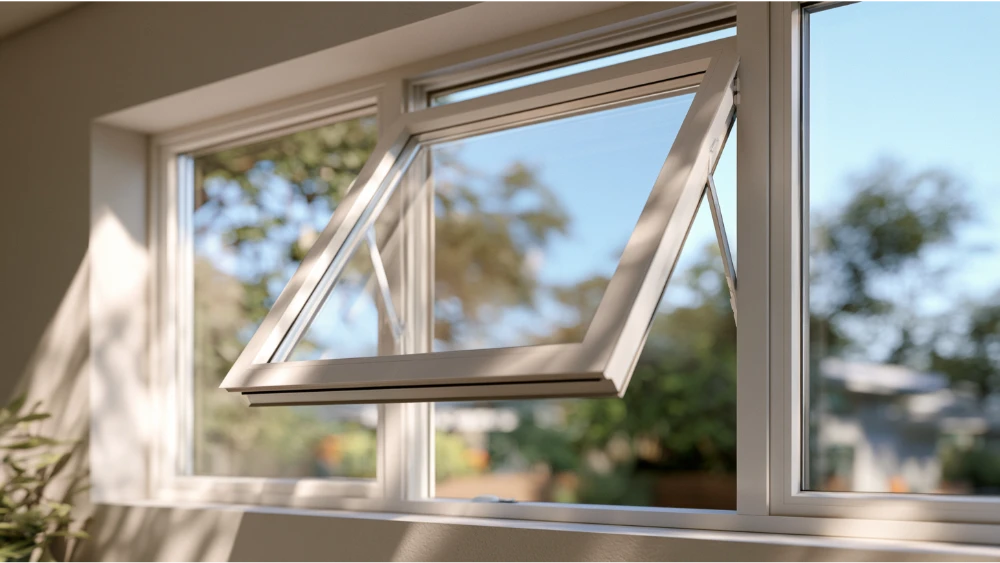 Close-up of a modern awning window hinged at the top and opened outward