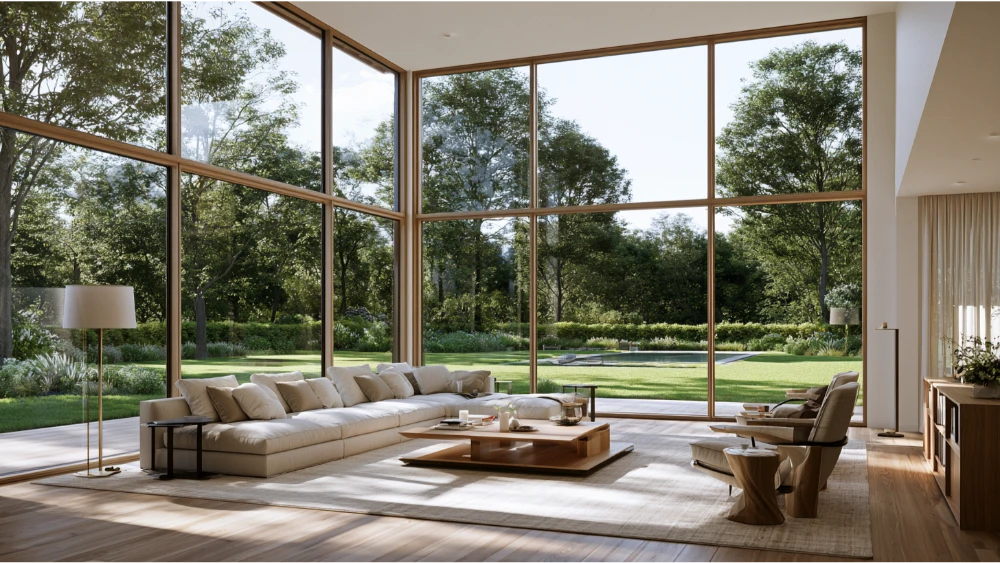 Large fixed windows maximizing natural light and unobstructed outdoor views
