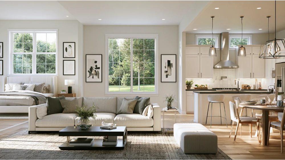 Double hung windows in an upstairs bedroom and kitchen with single hung windows in a modern home