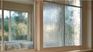 Double pane window with visible fog and moisture trapped between the glass panes due to window seal failure
