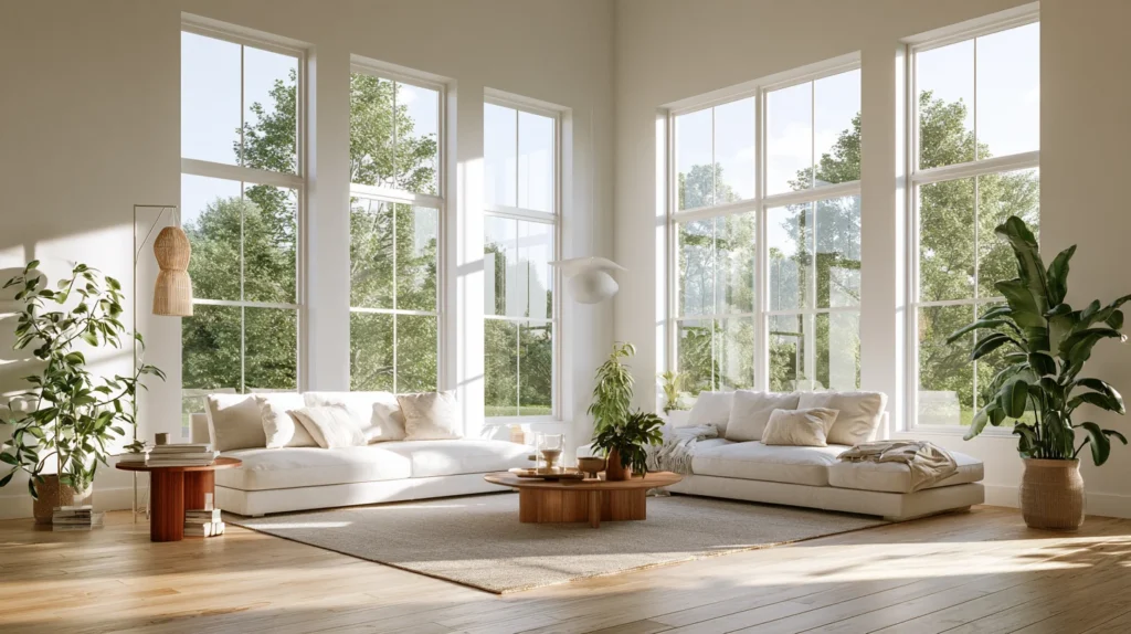 Modern home interior featuring energy efficient replacement windows with natural daylight.