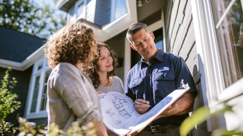 Homeowner reviewing window replacement plans and requirements with a professional contractor.