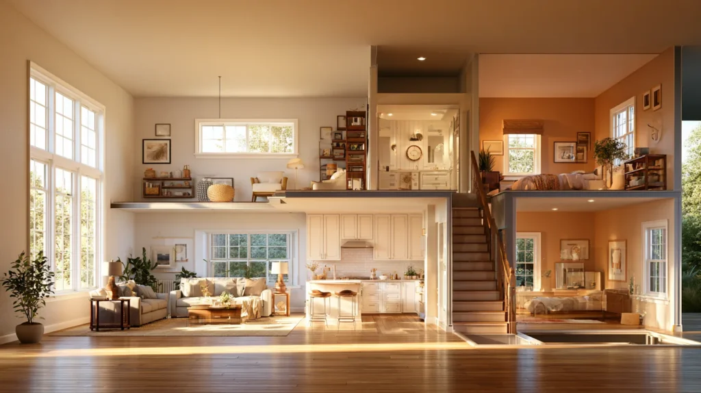 Different rooms in a modern home showing appropriately sized windows for living rooms, kitchens, bathrooms, bedrooms, and basements.