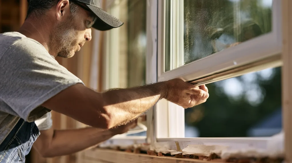 Professional installer carefully fitting and sealing an energy efficient replacement window.