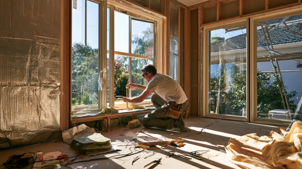 Professional window installer preparing and sealing a replacement window during installation.