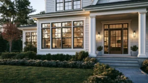 Modern home exterior with decorative window trim enhancing curb appeal