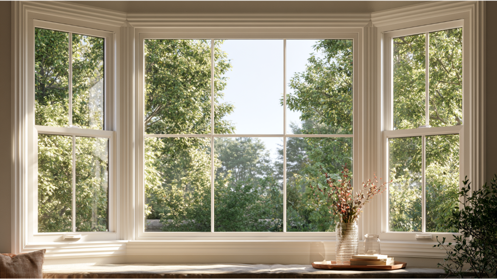 Close-up view showing the structure of a bay window with center picture window and angled side windows.