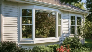 Modern home featuring a large energy-efficient bay window with abundant natural light.