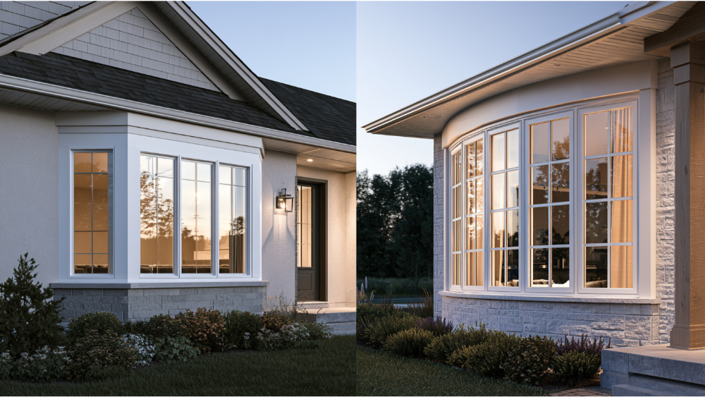 Side-by-side comparison of a bay window and a bow window on modern residential homes.