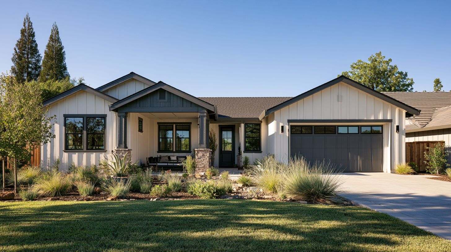 Modern board and batten home designed for Northern California weather with durable fiber cement siding.