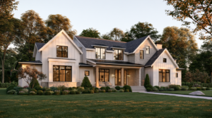 Modern home featuring white board and batten siding with black trim and stone accents.