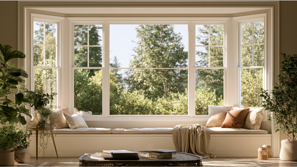 Modern living room illuminated by a large bay window creating a cozy reading nook.
