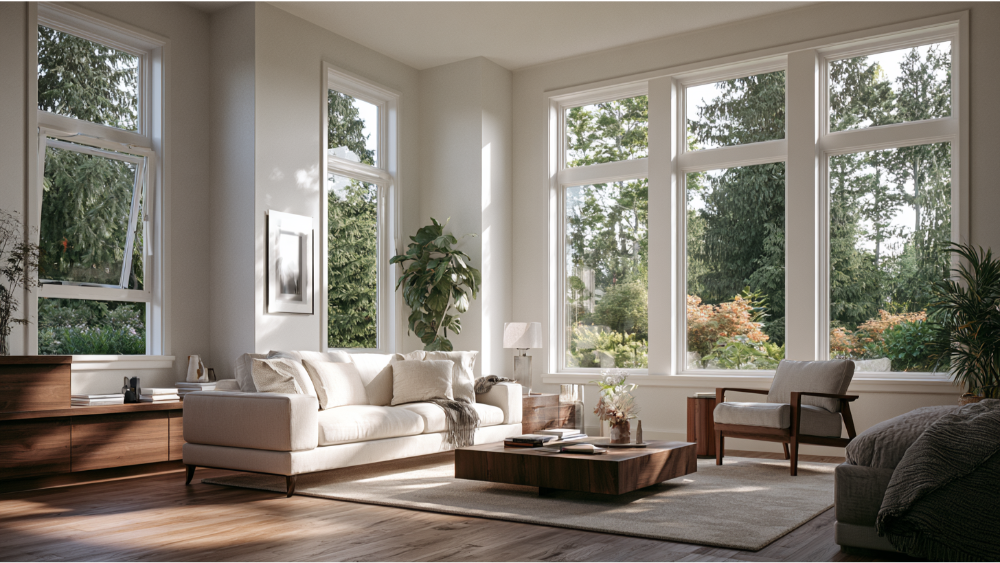 Casement windows used above a kitchen sink, in a bathroom, bedroom, and living room