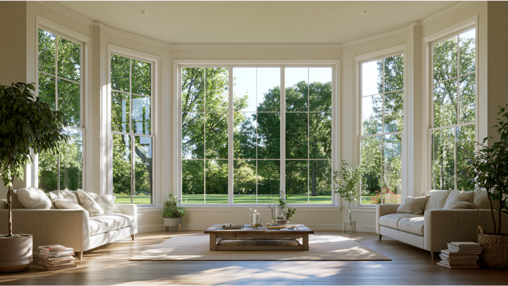 Modern bay window with Low-E energy-efficient glass reducing solar heat while maximizing daylight.