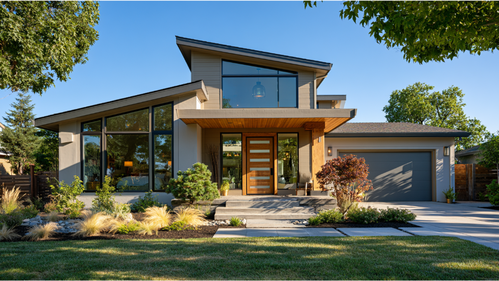 Modern home with Low-E vinyl windows reducing solar heat during a hot summer day