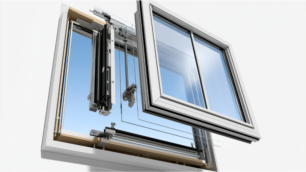 Exploded view of a residential window showing frame sash insulated glass weatherstripping and hardware