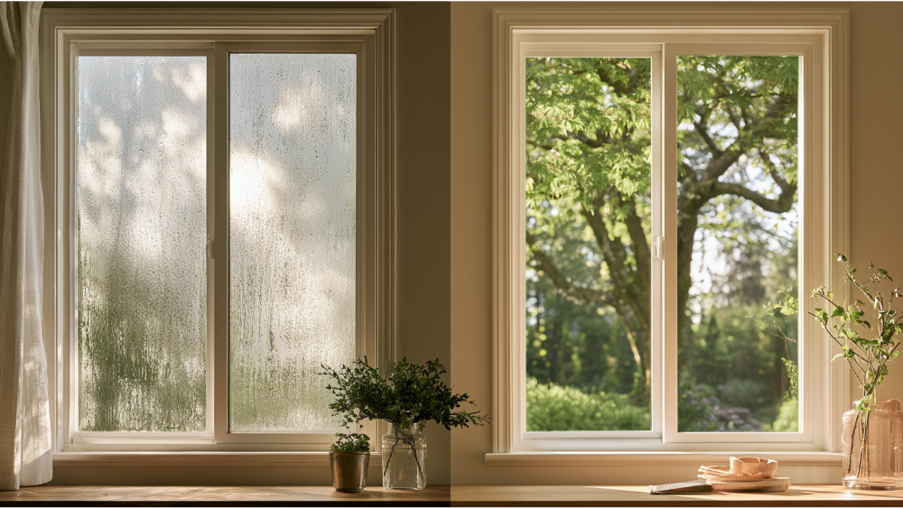 Comparison of foggy failed double-pane window beside a new crystal-clear replacement window