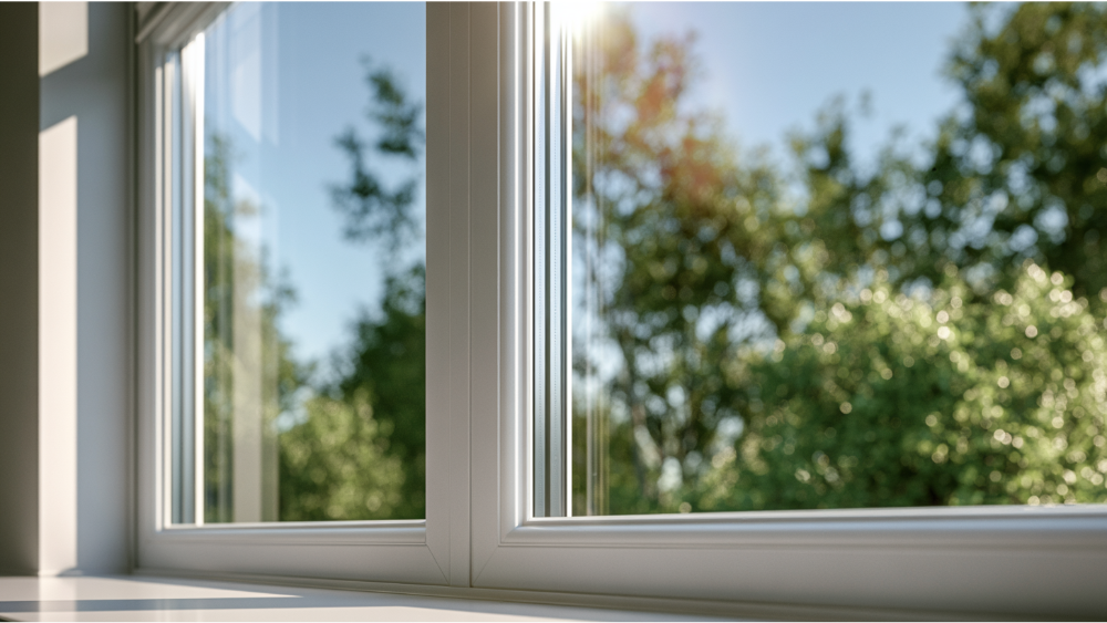 Close-up of a modern vinyl window frame with insulated glass and multi-chamber construction