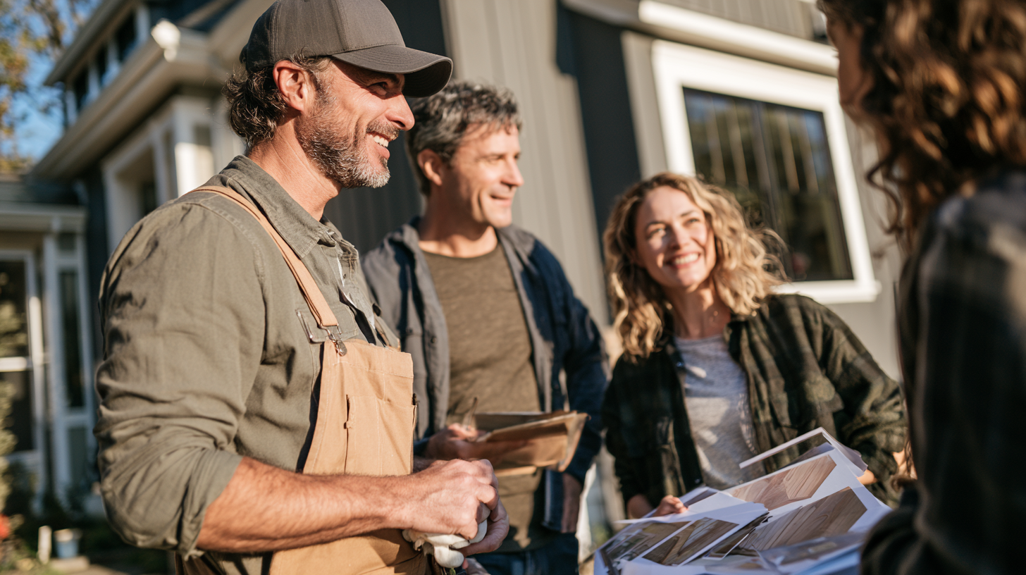 Contractor discussing board and batten siding options with homeowners outside a modern house.