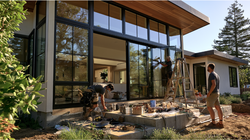 Professional window installation team installing new energy-efficient vinyl windows in a modern Northern California home