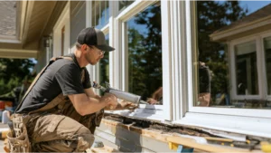 Homeowner applying caulk around a modern window frame to seal air leaks and improve energy efficiency.