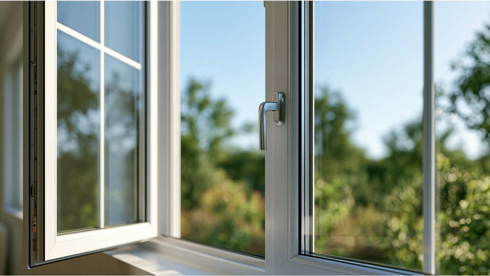 Modern casement window showing the crank mechanism and outward-opening sash