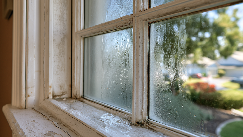 Close-up comparison of window seal problems including drafts, foggy glass, cracked caulk, and water damage.