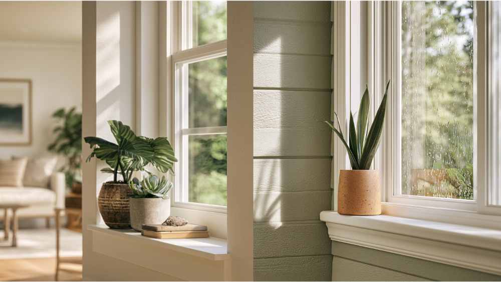 Side-by-side comparison of an interior decorative window sill and an exterior sloped window sill on a modern home.