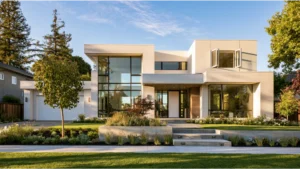 Modern home featuring energy-efficient white casement windows with large glass panels
