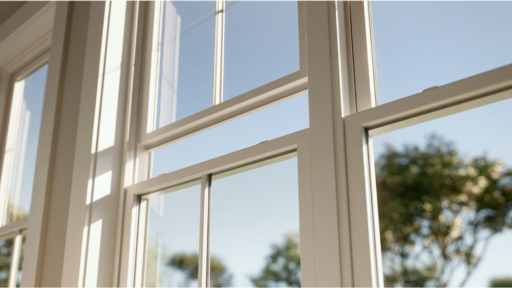 Close-up of a modern double hung window with both upper and lower sashes open