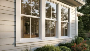 Modern vinyl window with a properly installed exterior window sill protecting the home from rain and moisture.