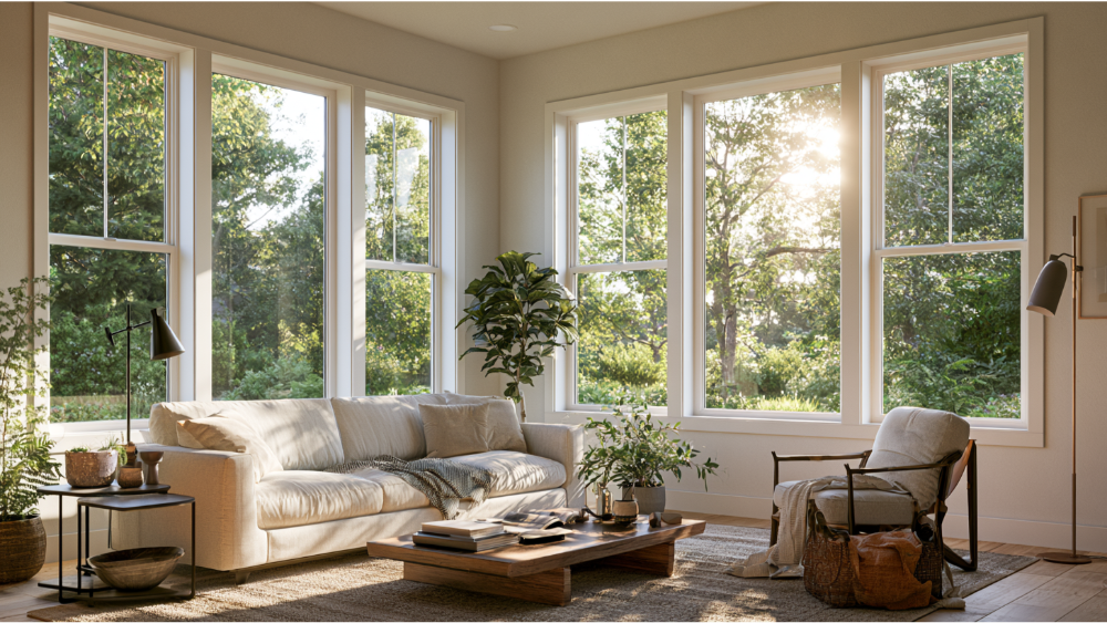 Energy-efficient vinyl windows keeping a modern home cool during a sunny Northern California day