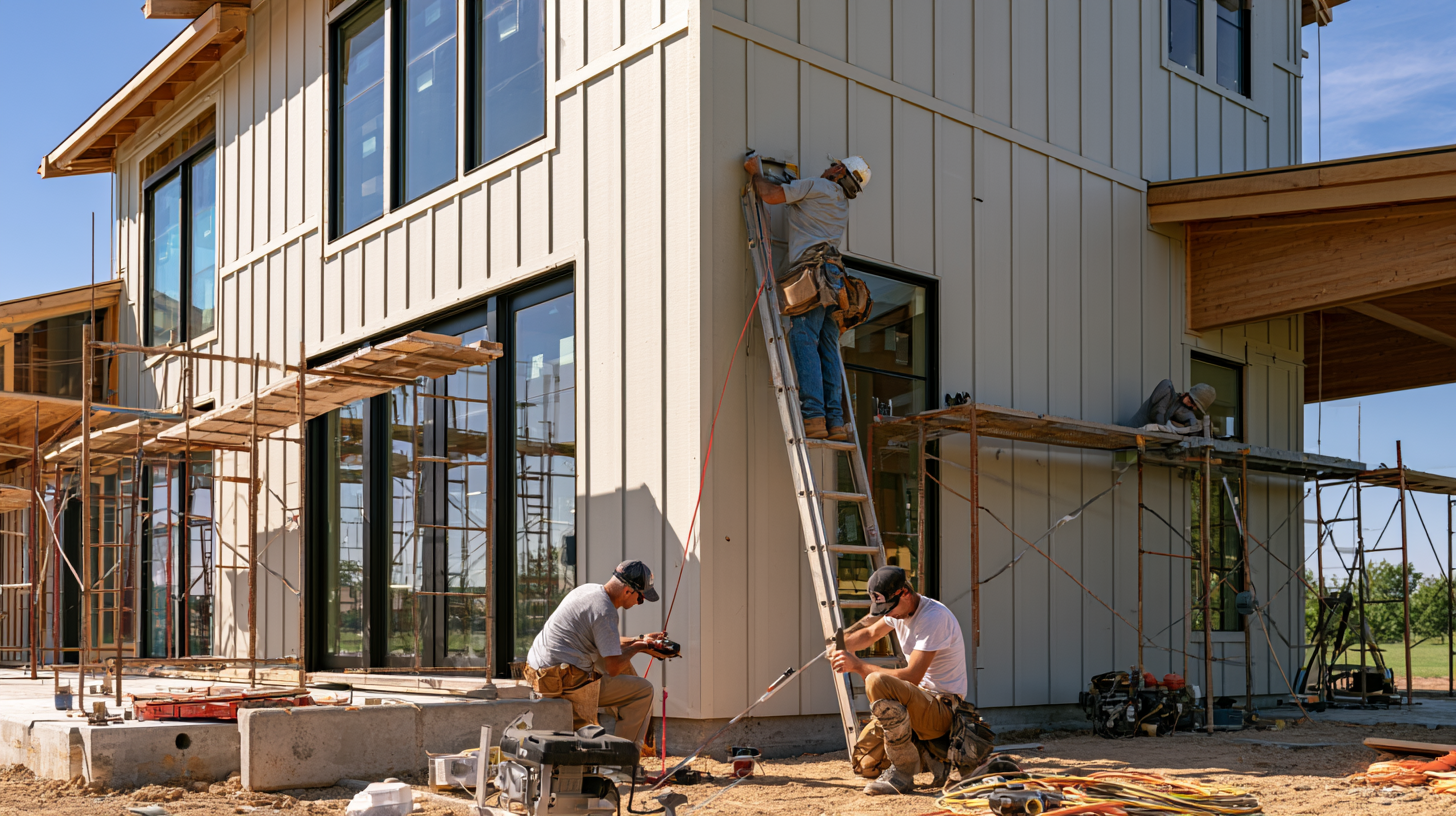 Professional contractor installing board and batten siding on a residential home.