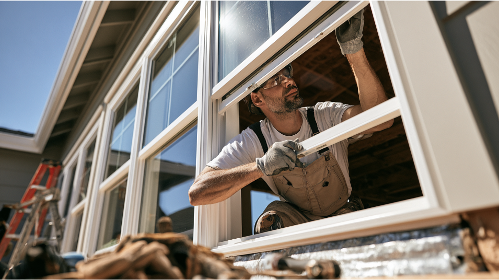 Professional installer fitting a new double hung vinyl replacement window into a modern home