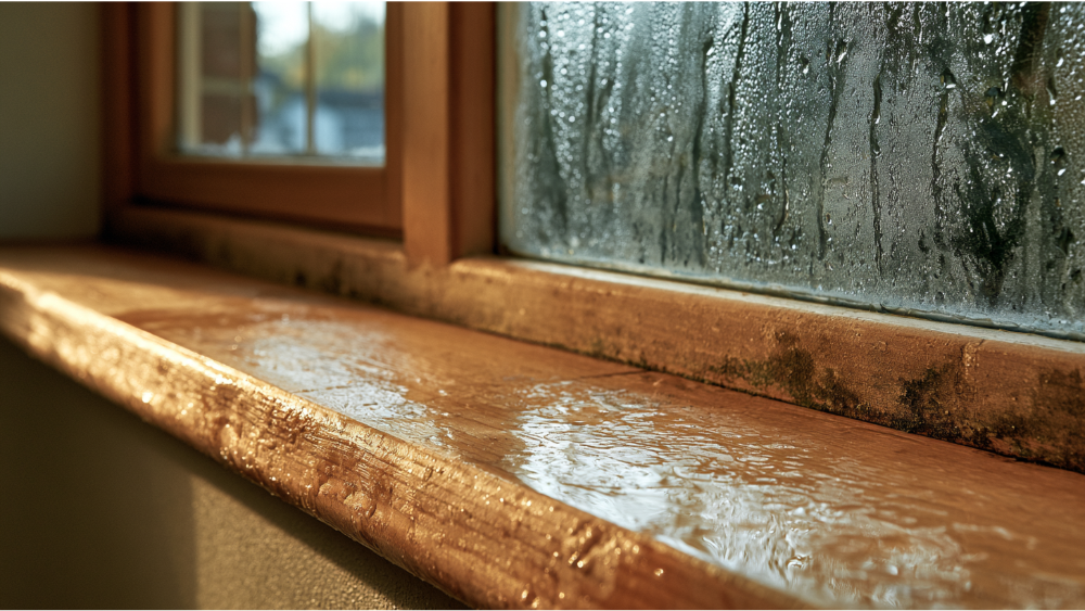 Close-up of a window sill showing condensation, water stains, and early mold growth caused by moisture.