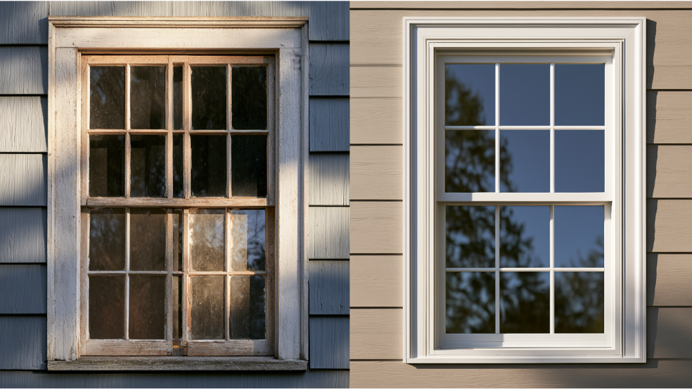 Comparison of an older worn double hung window and a modern energy-efficient replacement window