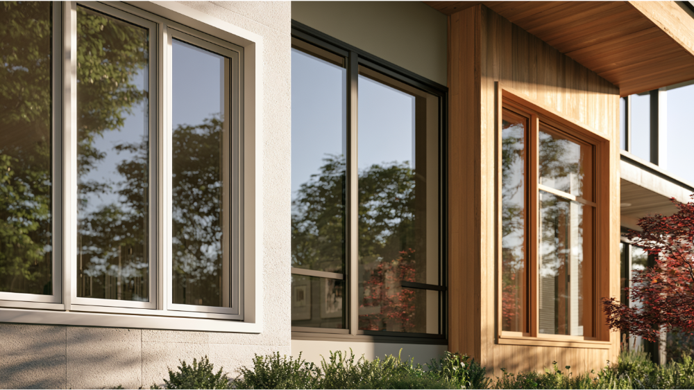 Comparison of vinyl, aluminum, and wood window frame materials on a modern home